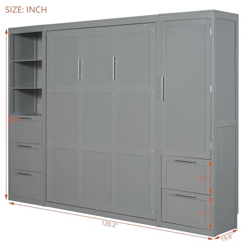 Murphy Bed Queen Size with Built-in Shelves, Storage Drawers and Wardrobe, Grey A491