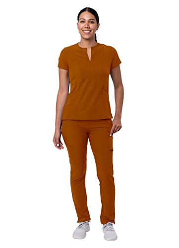 Notched V-Neck Scrub Top & Skinny Cargo Scrub Pants Set Y285