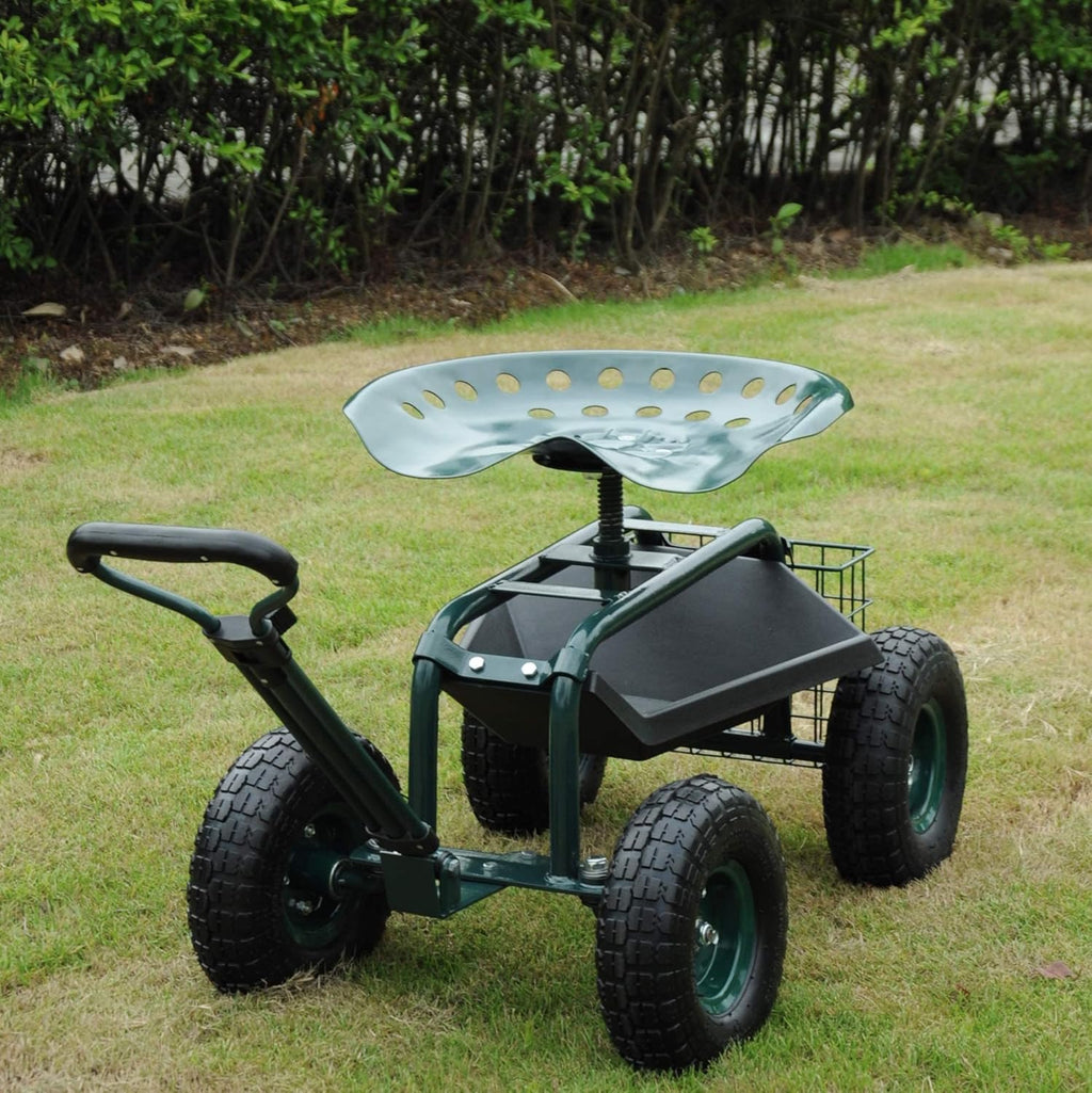 Rolling Garden Stool Cart with Tool Tray and Storage Basket N712