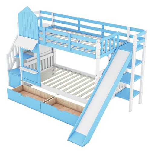 Kids Bunk Bed with Stairs and Slide, Twin Over Twin, Gray O540
