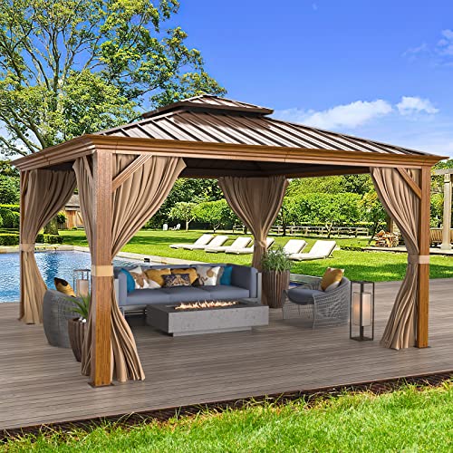 12x16 ft Hardtop Gazebo with Double Roof, Curtains and Netting T94173