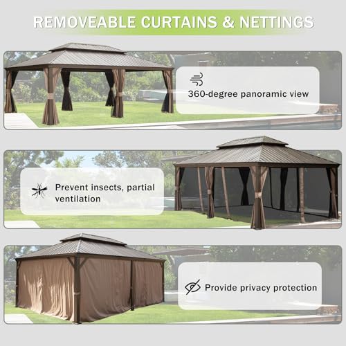10 x 10 ft Hardtop Gazebo with Netting and Curtains, Galvanized Steel Roof for Patio K80436