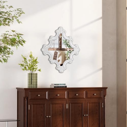 Distressed White Wood Wall Mirror 21x24 Inch S3332