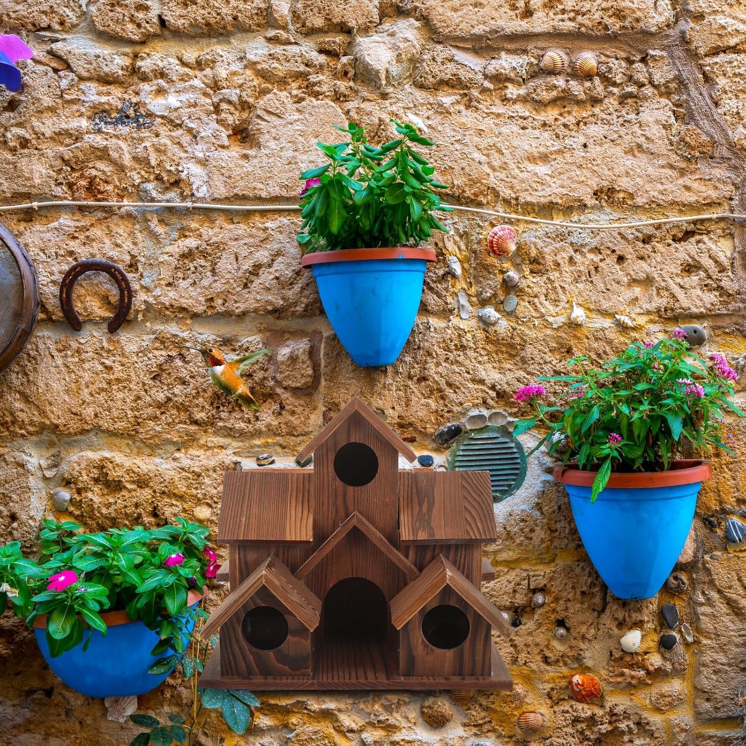 Wooden Bird House 6 Hole Hanging for Outdoor Patio Decor N2694