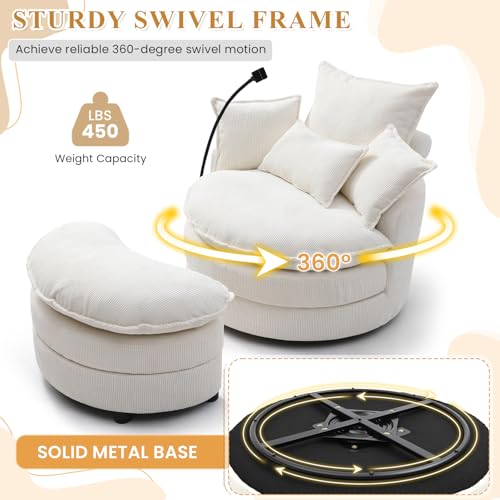 Swivel Barrel Accent Sofa Chair with Phone Holder & Storage Ottoman, 360 Degree Corduroy, Beige A36232