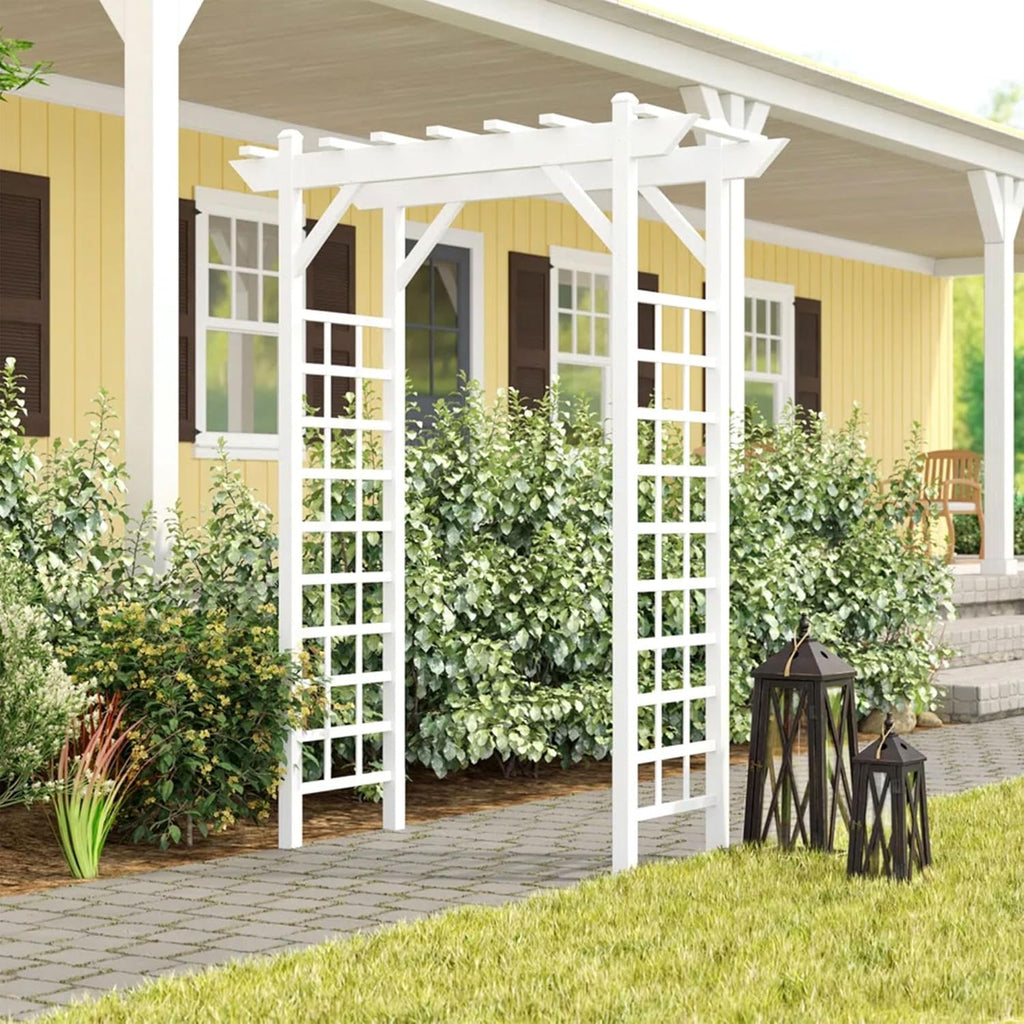 PVC Patio Garden Arch with Lattice Trellis for Climbing Plants, White C7329