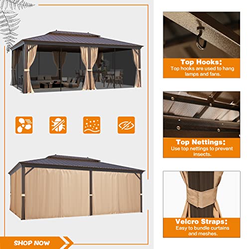 12x16 ft Hardtop Gazebo with Double Roof, Curtains and Netting T94173