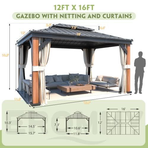 12x20 ft Hardtop Gazebo Double Roof Galvanized Steel Canopy Outdoor Aluminum Frame with Netting and Curtains X191579