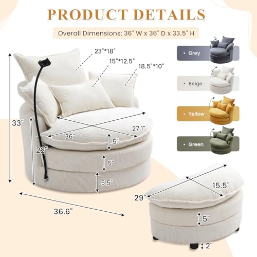 Swivel Barrel Accent Sofa Chair with Phone Holder & Storage Ottoman, 360 Degree Corduroy, Beige A36232