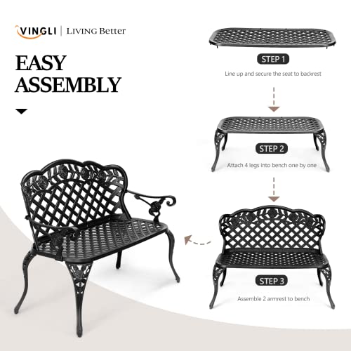 Outdoor Bench, Antique Cast Aluminum Garden Seating for 2-3 People O329814