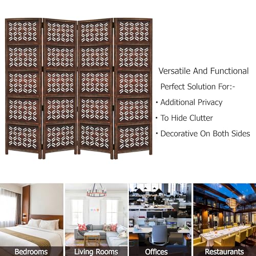 4 Panel Folding Wood Room Divider, Antique Brown, 72 x 80 P209