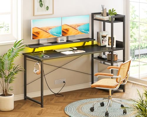 Reversible Gaming Desk with USB Charging Port and LED Lights, 40 Inch Computer Desk with Storage Shelves M571