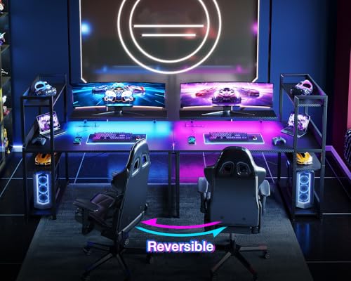 Reversible Gaming Desk with USB Charging Port and LED Lights, 40 Inch Computer Desk with Storage Shelves M571