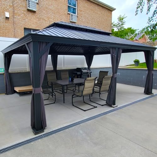 10' x 14' Permanent Hardtop Gazebo with Galvanized Steel Double Roof, Curtains and Netting Included M871