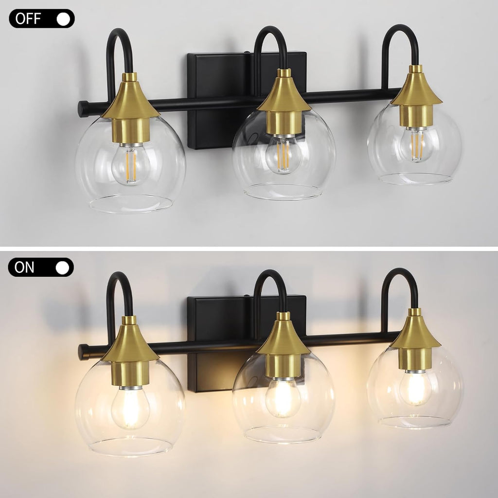 Black Gold Bathroom Vanity Light, 3-Light Globe Wall Sconce Q907095