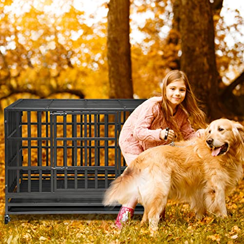Heavy Duty Dog Kennel Crate with Metal Frame, Double Doors and Lockable Wheels J6089