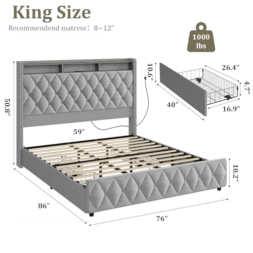 Queen Bed Frame with Tall Headboard, Velvet Upholstered, 4 Storage Drawers Y5950