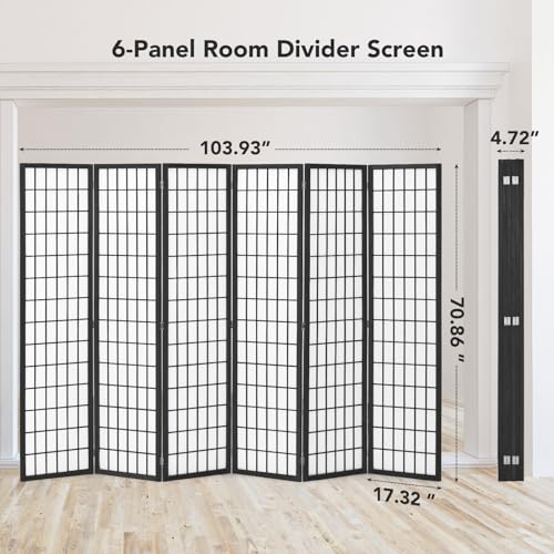6 Panel Folding Room Divider, Japanese Shoji Screen, 5.9 Ft, Natural T81976