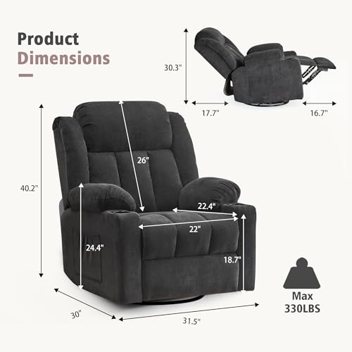 Swivel Recliner Chair with Massage and Heat, Fabric Upholstery, Lime Gray Y550941