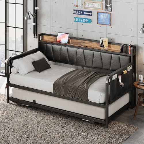 Daybed with Trundle Bed, Twin Bed Frame with Storage Headboard and Charging Station, Grey S3738