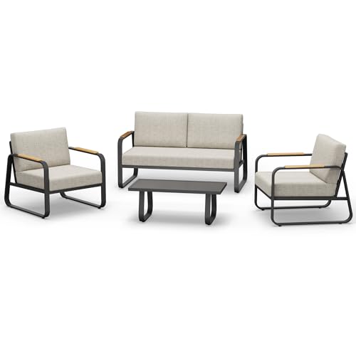 4-Piece Outdoor Patio Furniture Set with Sofa and Tempered Glass Table B6490