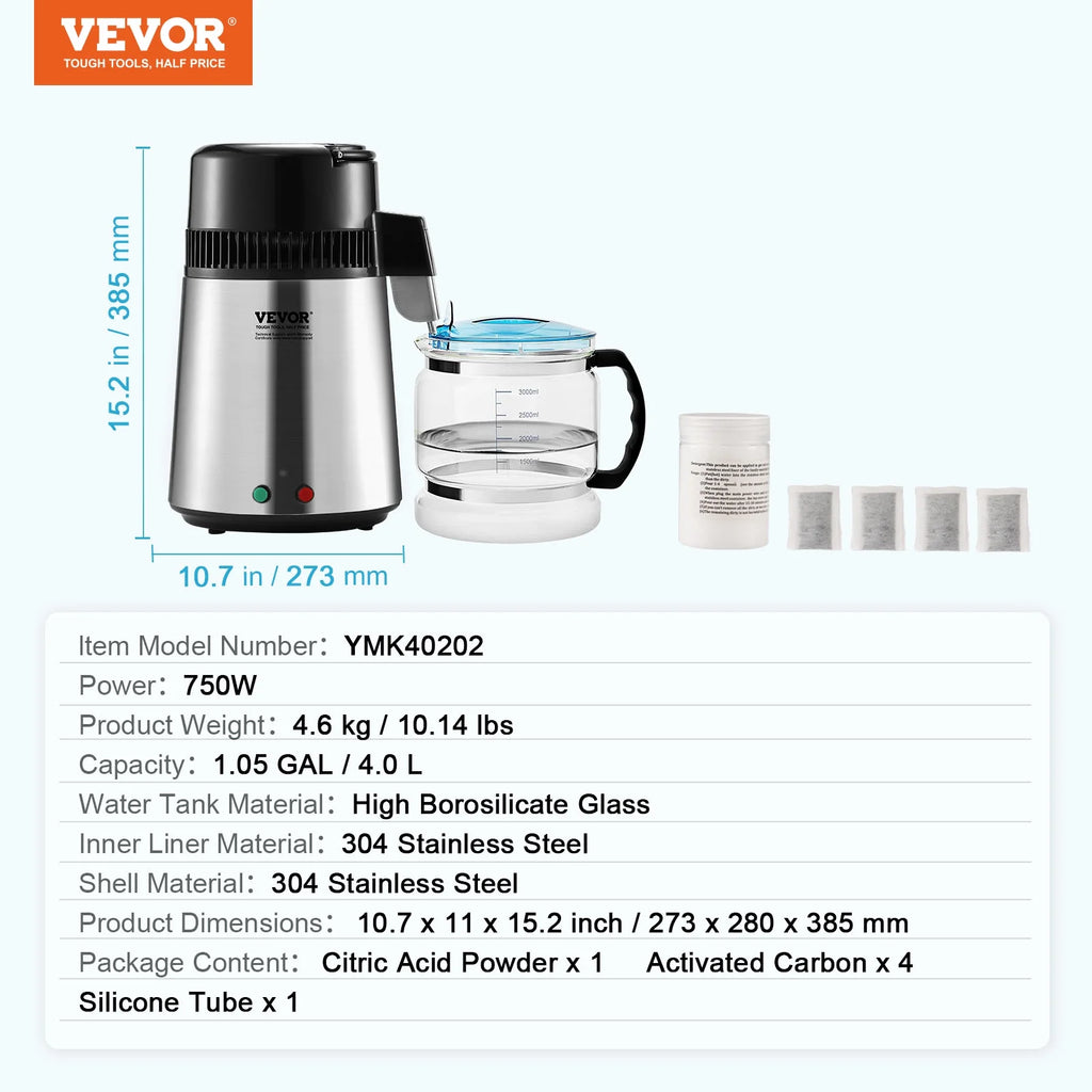4L Water Distiller Purifier Machine Countertop Stainless Steel Interior 750W J8084