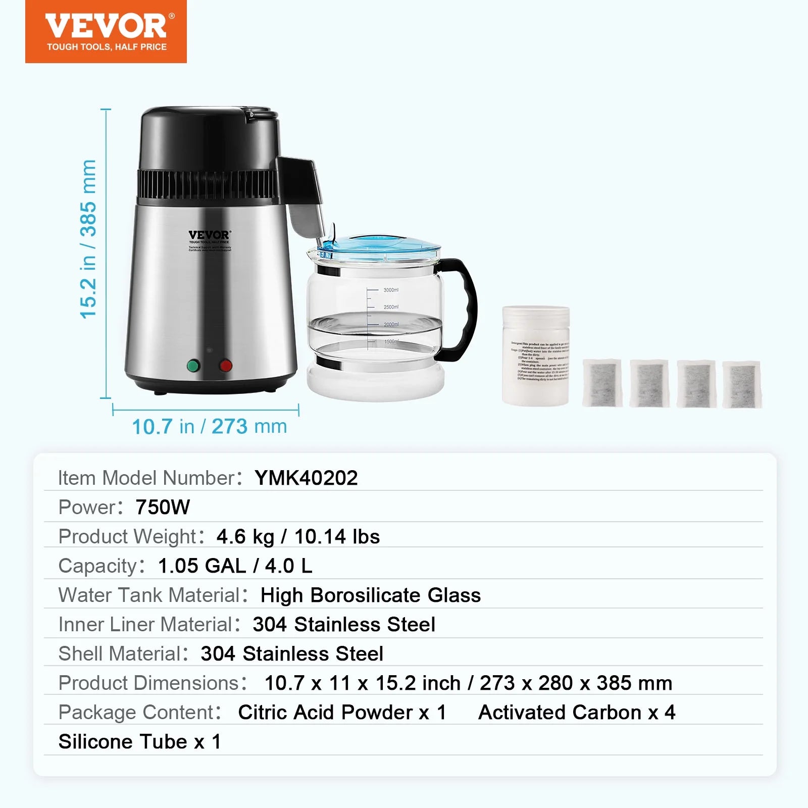 4L Water Distiller Purifier Machine Countertop Stainless Steel Interior 750W J8084