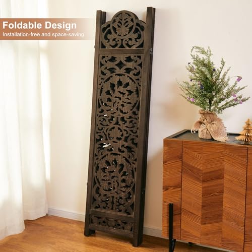 Wood Carved Room Divider 4 Panel Folding Partition Screen X503933