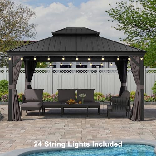 10' x 14' Permanent Hardtop Gazebo with Galvanized Steel Double Roof, Curtains and Netting Included M871