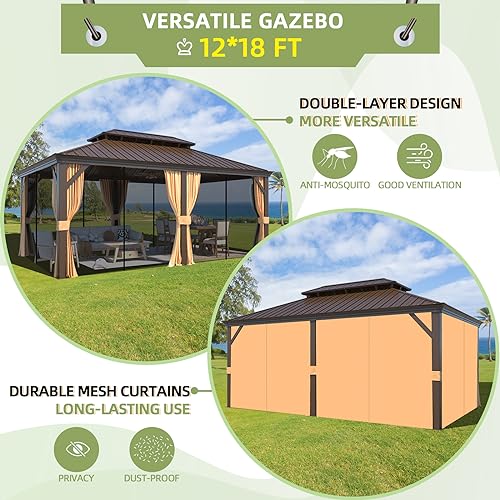 12x16 ft Hardtop Gazebo with Double Roof, Curtains and Netting T94173