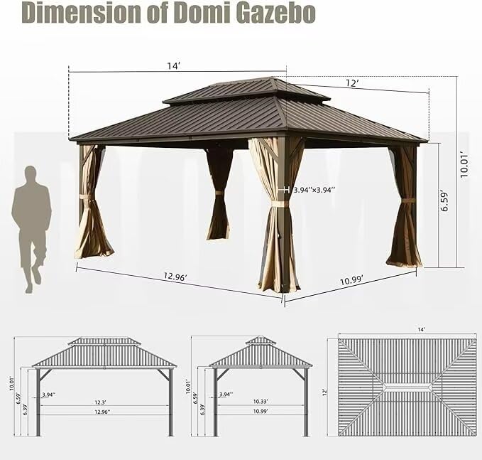 10 x 10 ft Hardtop Gazebo with Netting and Curtains, Galvanized Steel Roof for Patio K80436