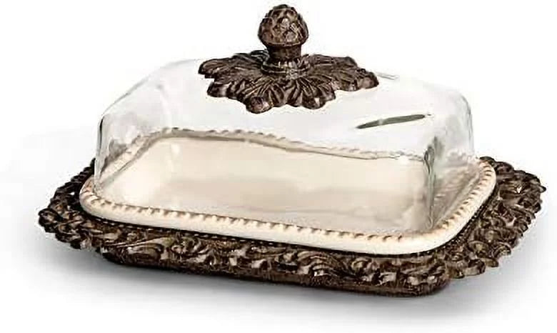 Ceramic Butter Dish with Metal Acanthus Leaf Design X73179