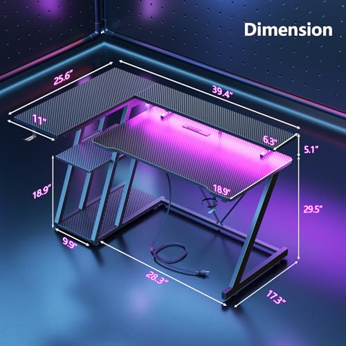 L Shaped Gaming Desk with Power Outlet and LED Lights Y52619