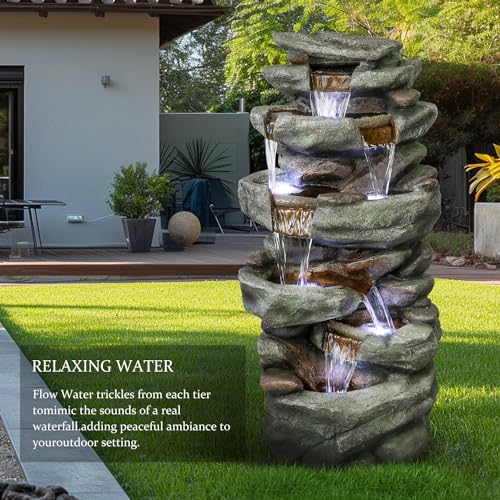40" High 6-Tier Cascading Rock Outdoor Water Fountain with LED Lights D57471