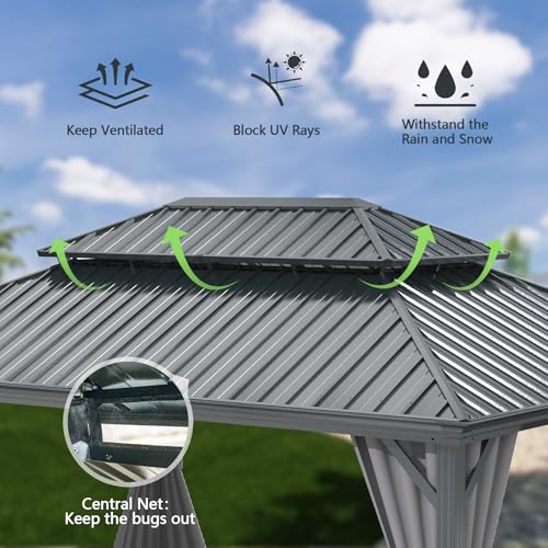 10 x 10 ft Hardtop Gazebo with Netting and Curtains, Galvanized Steel Roof for Patio K80436