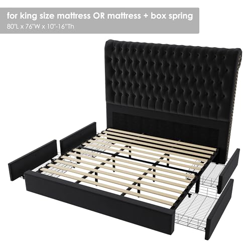 Velvet Upholstered King Bed Frame with Tall Headboard and Storage Drawers V8658