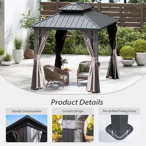 10 x 10 ft Hardtop Gazebo with Netting and Curtains, Galvanized Steel Roof for Patio K80436