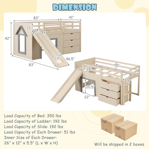 Twin Low Loft Bed with 3 Storage Drawers, Slide, Ladder & Guardrails I297242