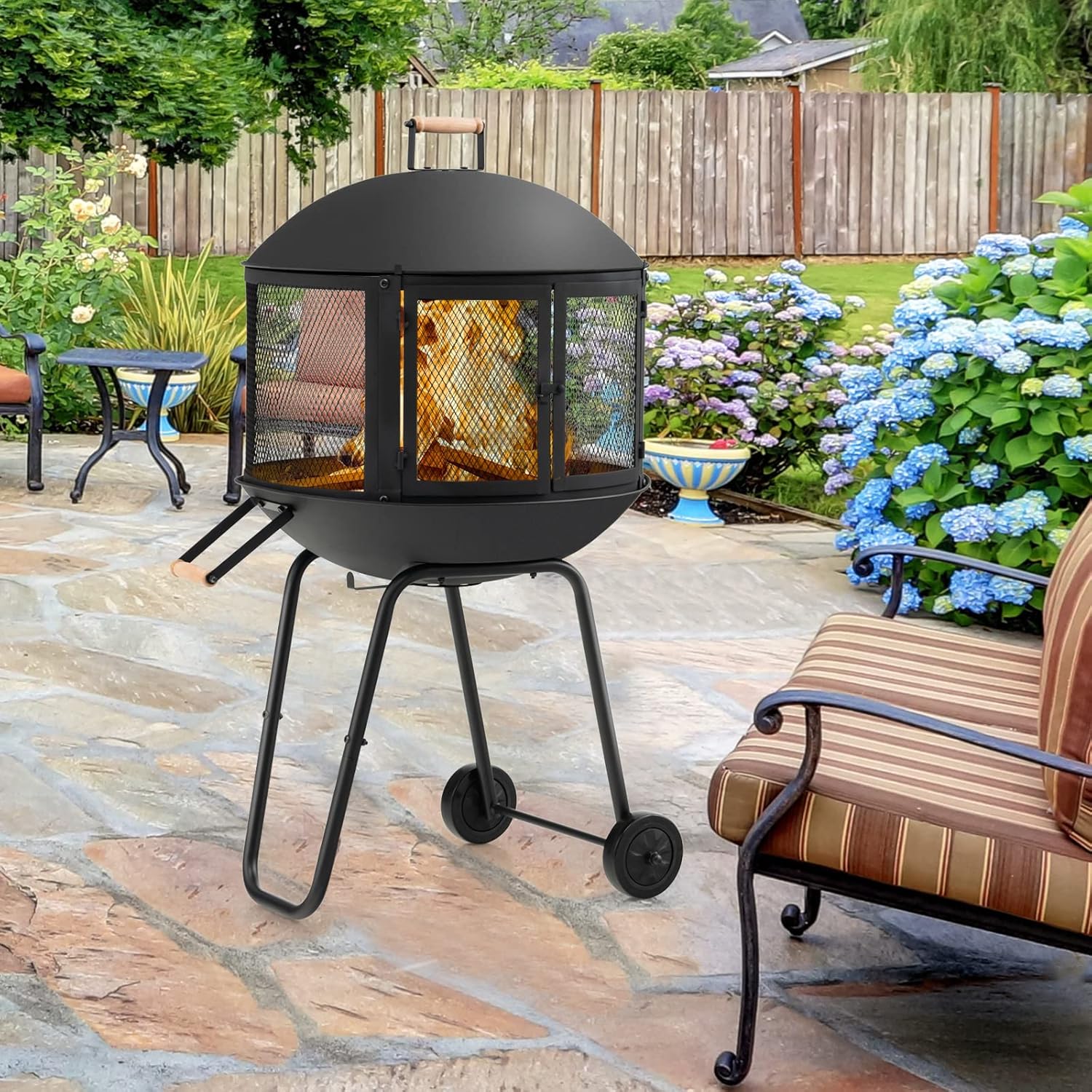 Portable Fire Pit with Wheels, 28 Inch Wood Burning, Black K9455
