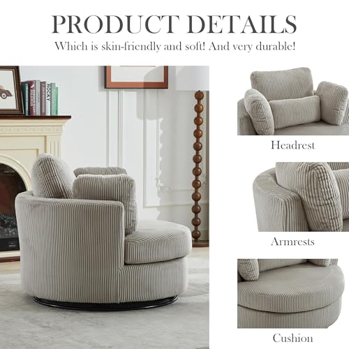 Oversized Swivel Barrel Chair with Ottoman, Chenille, Beige M813