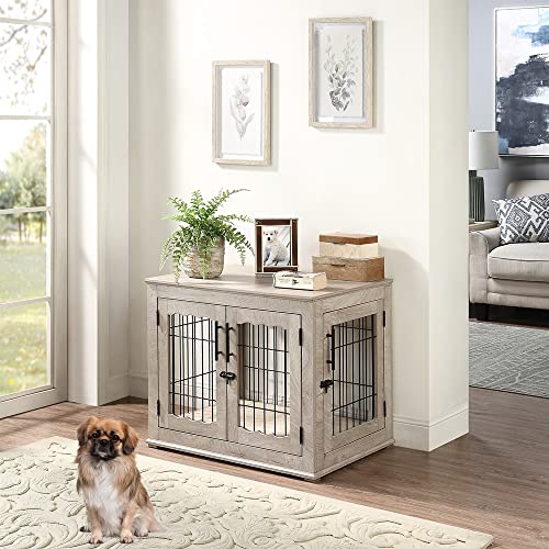 Wooden Dog Crate End Table with Double Doors and Pet Bed E595686