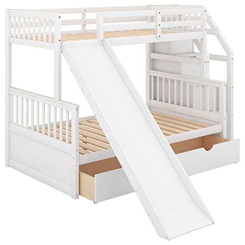 Twin Over Full Bunk Bed with Slide and Stairs for Kids I642