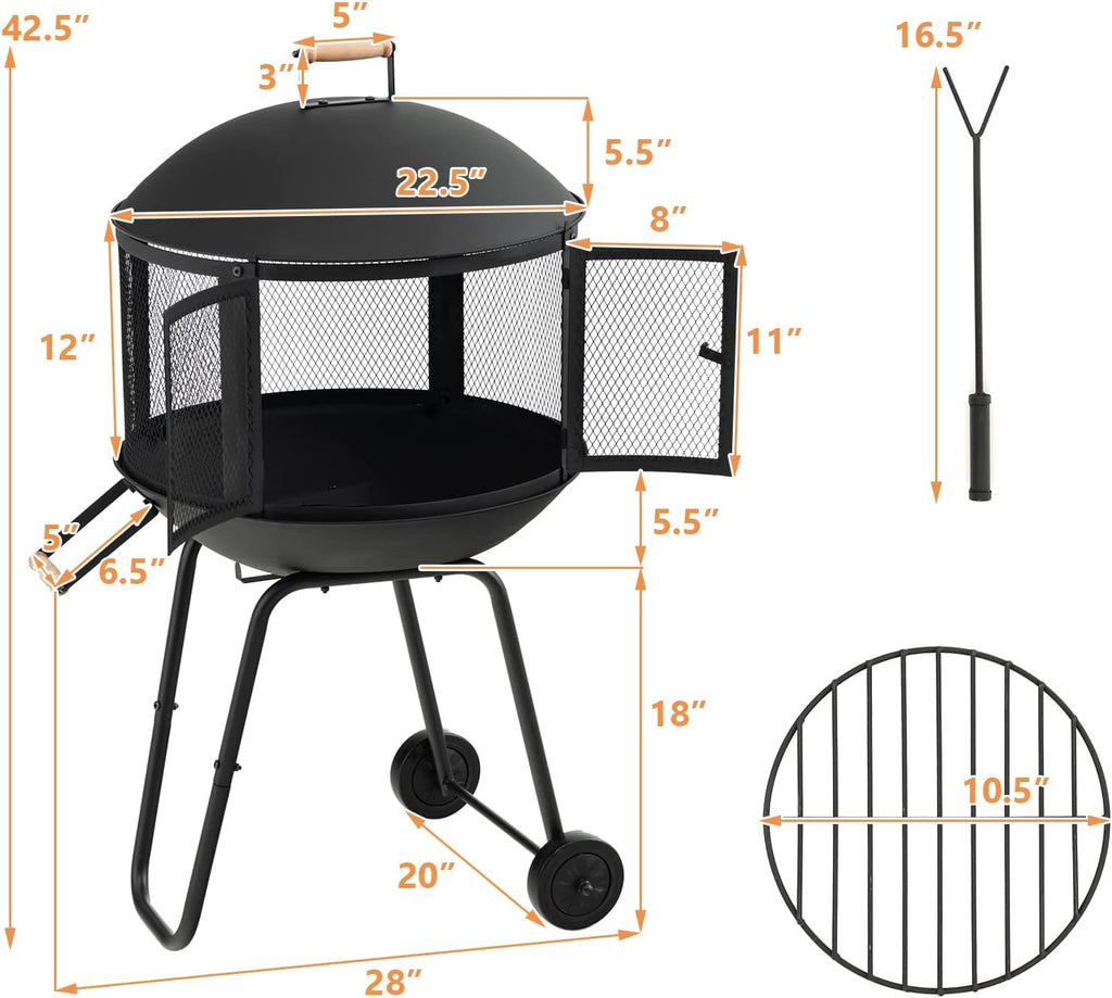 Portable Fire Pit with Wheels, 28 Inch Wood Burning, Black K9455