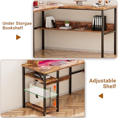 Reversible L Shaped Desk with Power Outlets and LED Light, Corner Computer Desk with Monitor Stand and Storage Shelves, Black A318171