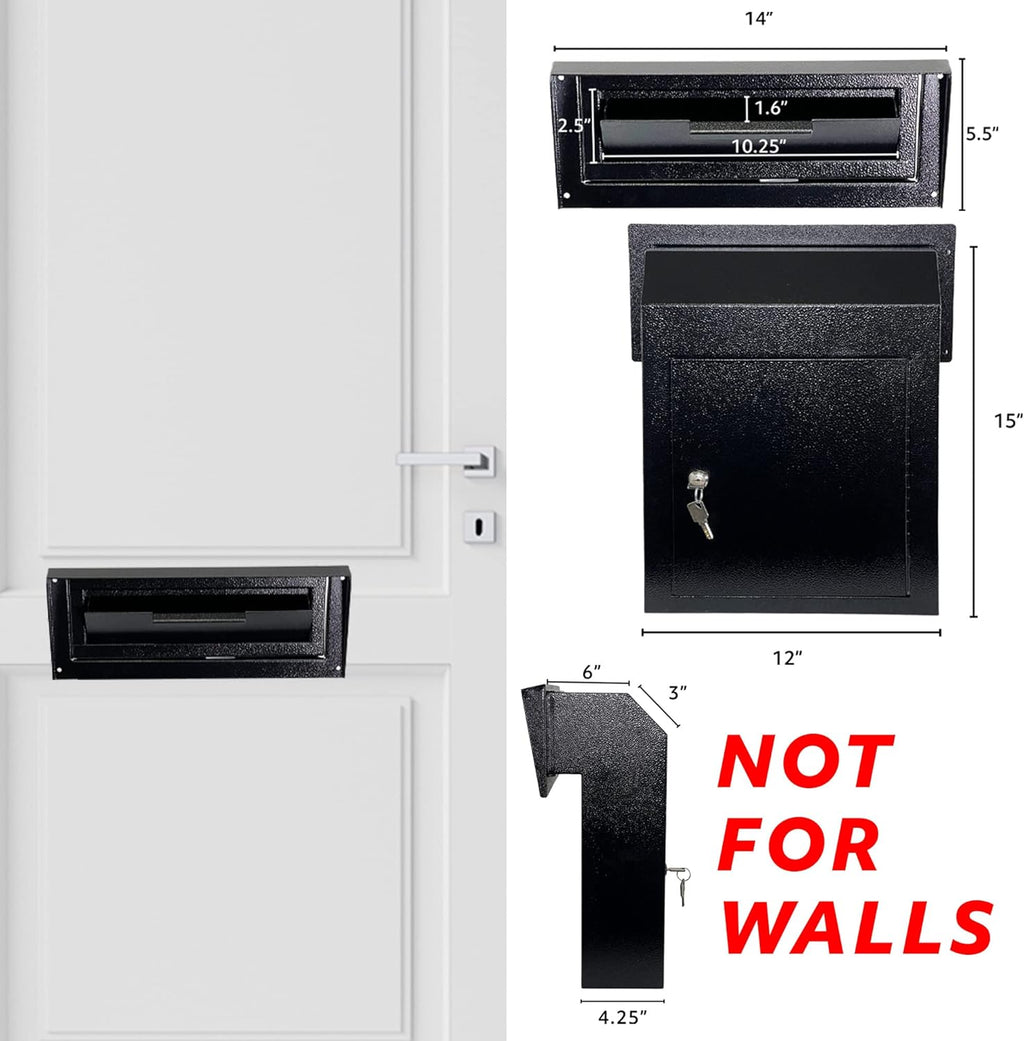 Rainproof Heavy Duty Mailbox Door Drop Box - Galvanized Steel Weatherproof for Keys, Deposit, Mails (Black) A8757