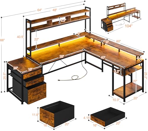 Large L Shaped Gaming Desk with Hutch and Drawers, 64" Reversible Computer Desk with Storage Shelves, Monitor Stand and LED Light for Home Office, Power Outlets, White V6783