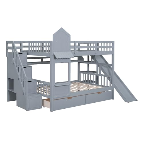 Kids Bunk Bed with Stairs and Slide, Twin Over Twin, Gray O540
