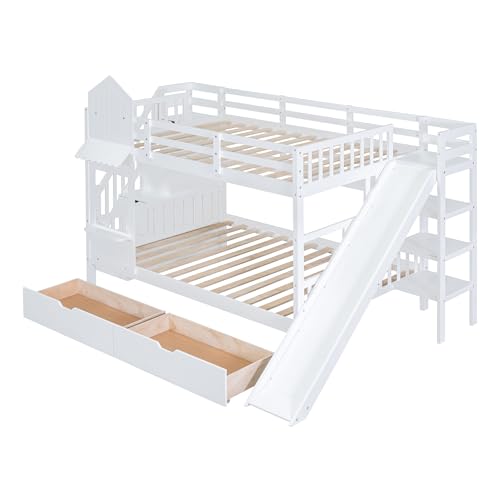 Kids Bunk Bed with Stairs and Slide, Twin Over Twin, Gray O540
