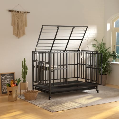 48" Heavy-Duty Dog Crate with Wheels, Air-Lift Top, Dual Adjustable Bowls V62929