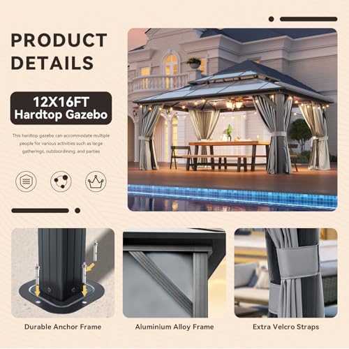 12x16 Hardtop Gazebo with Netting and Curtains for Patio K27275